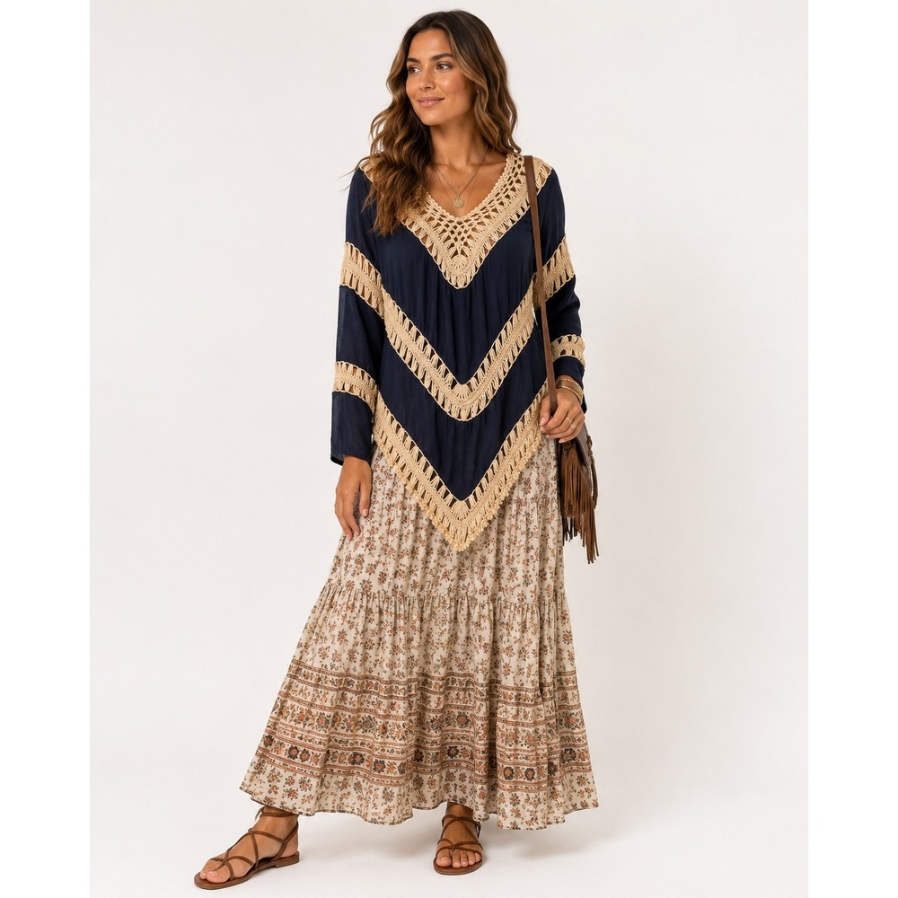 Umgee USA Navy Crochet Lace Boho Tunic Top Small Beach Festival Western Bohemian